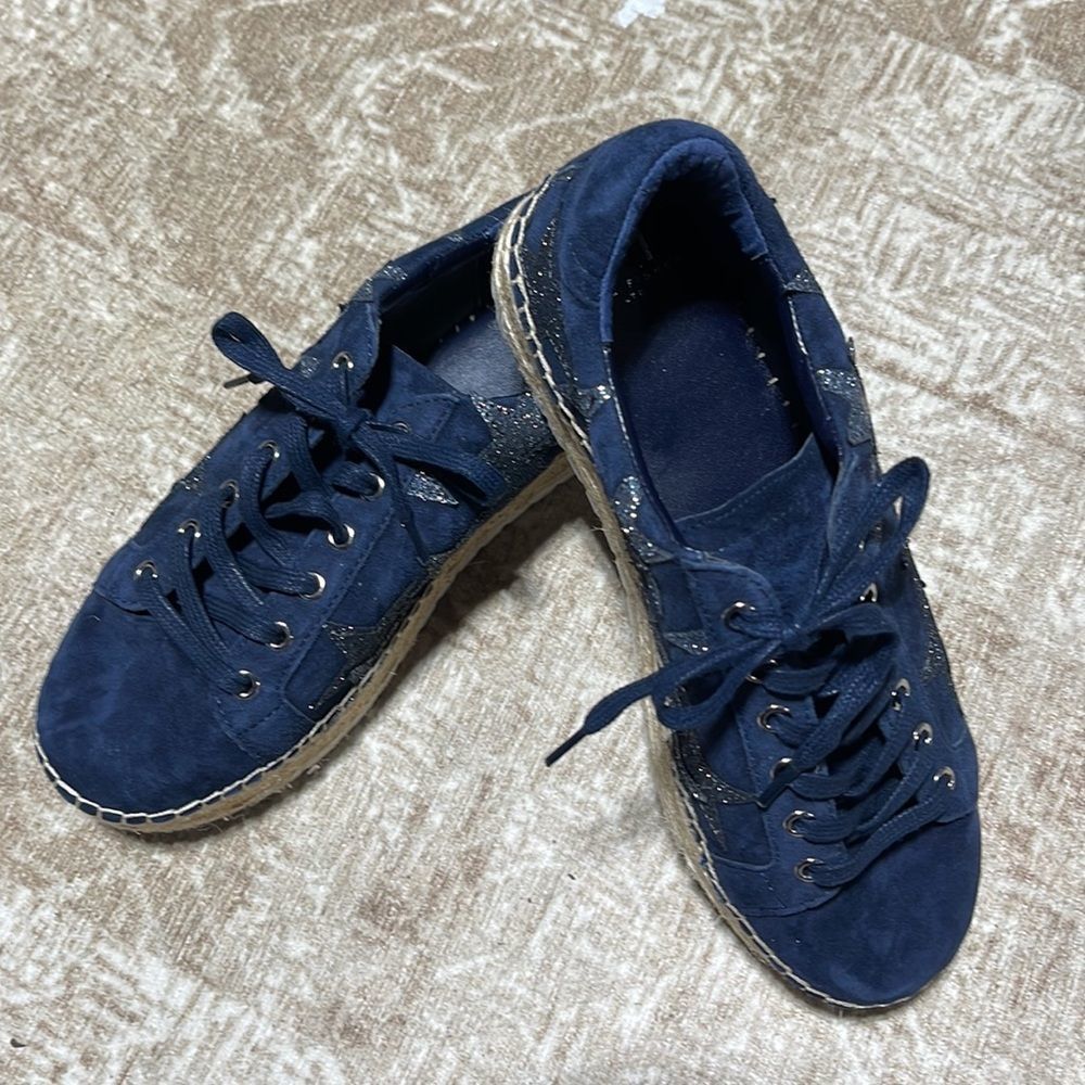 Marc Fisher Navy Suede Espadrille Sneakers with Silver Star Accents - Picture 5 of 14